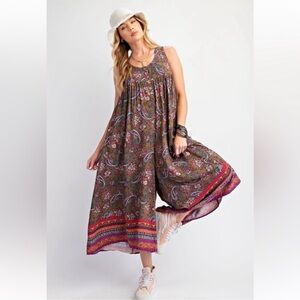 NWT: Easel Boho Paisley Print  Multicolor Design Wide Leg Crop Jumper• Medium
